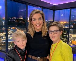 Tessy Antony de Nassau In Studio Smiling With Her 2 Sons With City of Luxembourg In The Background