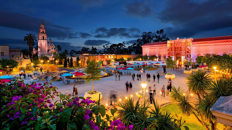 Illuminated Balboa Park San Diego California At Night