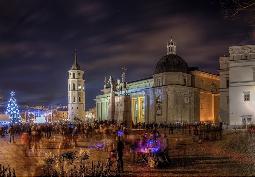 Night Time On The Cathedral Square Old Town Of Vilnius Lithuania