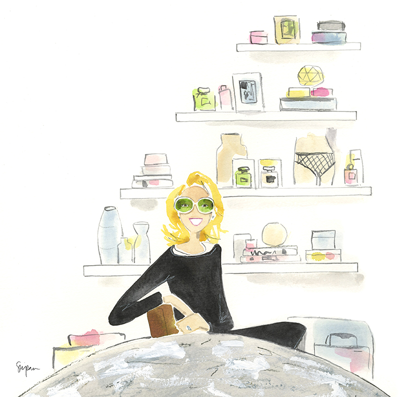 Illustration Of Jan Singer Sitting At Table with Victoria's Secret Items On Shelf Behind Her