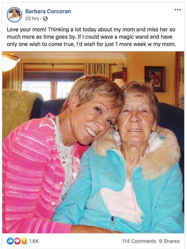 Barbara Corcoran Facbook Post Wishing Happy Mothers Day To Her Mother With Picture Of Them