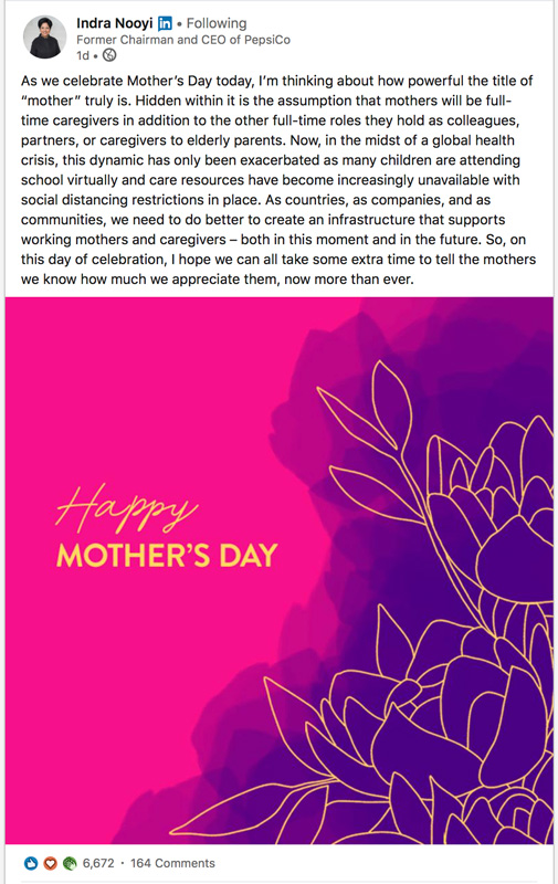 Indra Nooyi Happy Mother's Day 2020 Facebook Post 