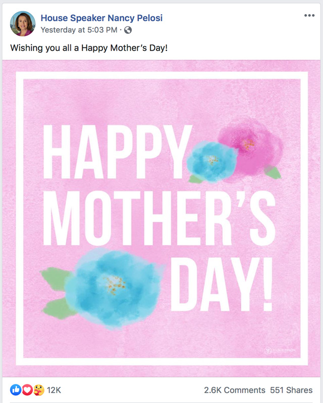 Nancy Pelosi Happy Mothers Day 2020 Facebook Post 