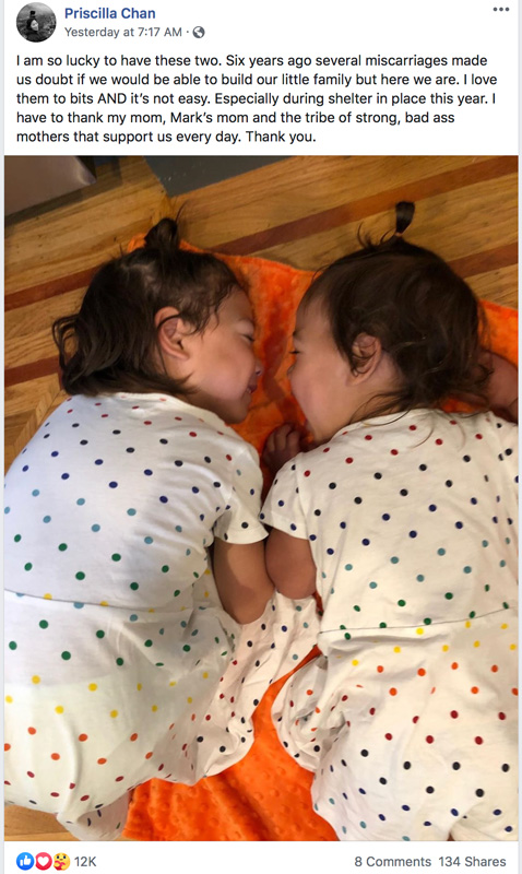 Priscilla Chan Facebook Post With Her Twin Daughters In Post