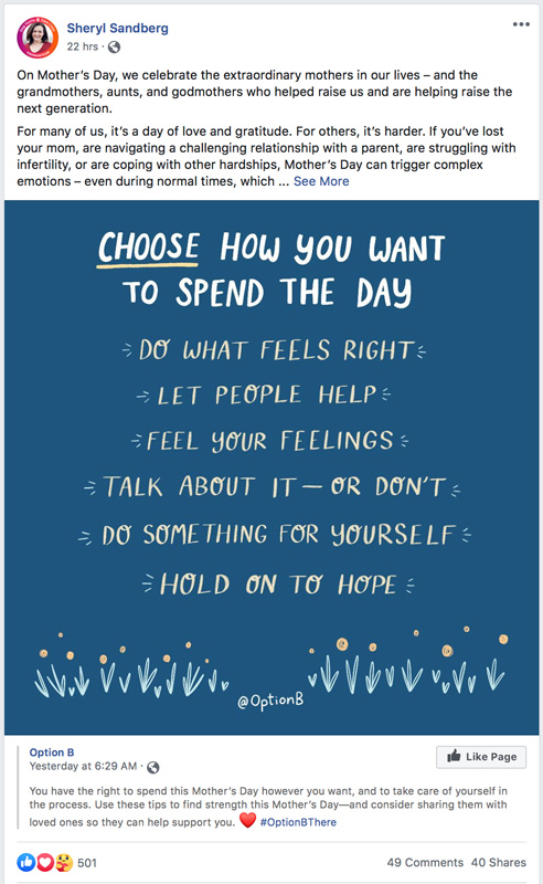 Sheryl Sandberg Facebook Post With Title Choose How You Want To Spend The Day