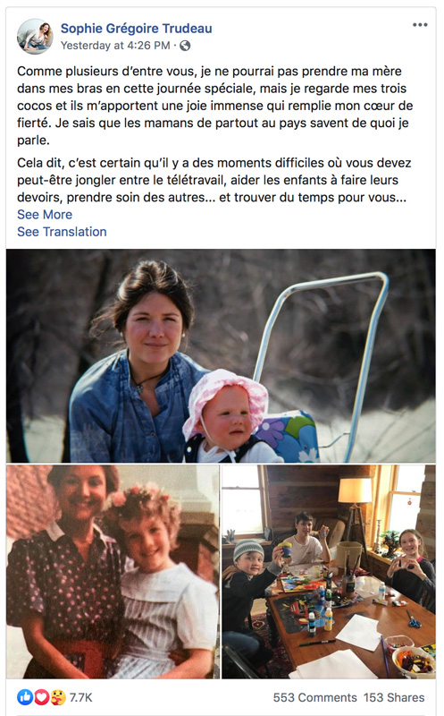 Sophie Gregoire Trudeau Facebook Post Celebrating Mothers Day 2020