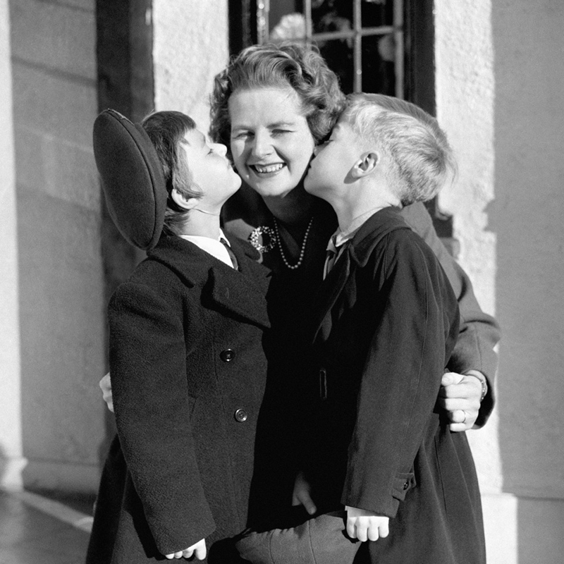 Margaret Thatcher Being Kissed On The Cheeks By Her Two Children